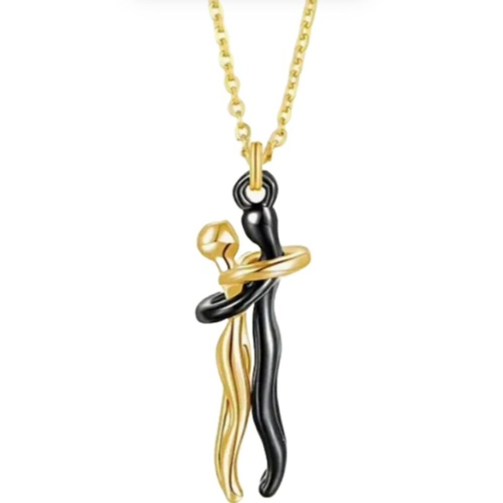 Stainless Steel Hugging Couple Pendant Necklace - Black Male & Gold Female